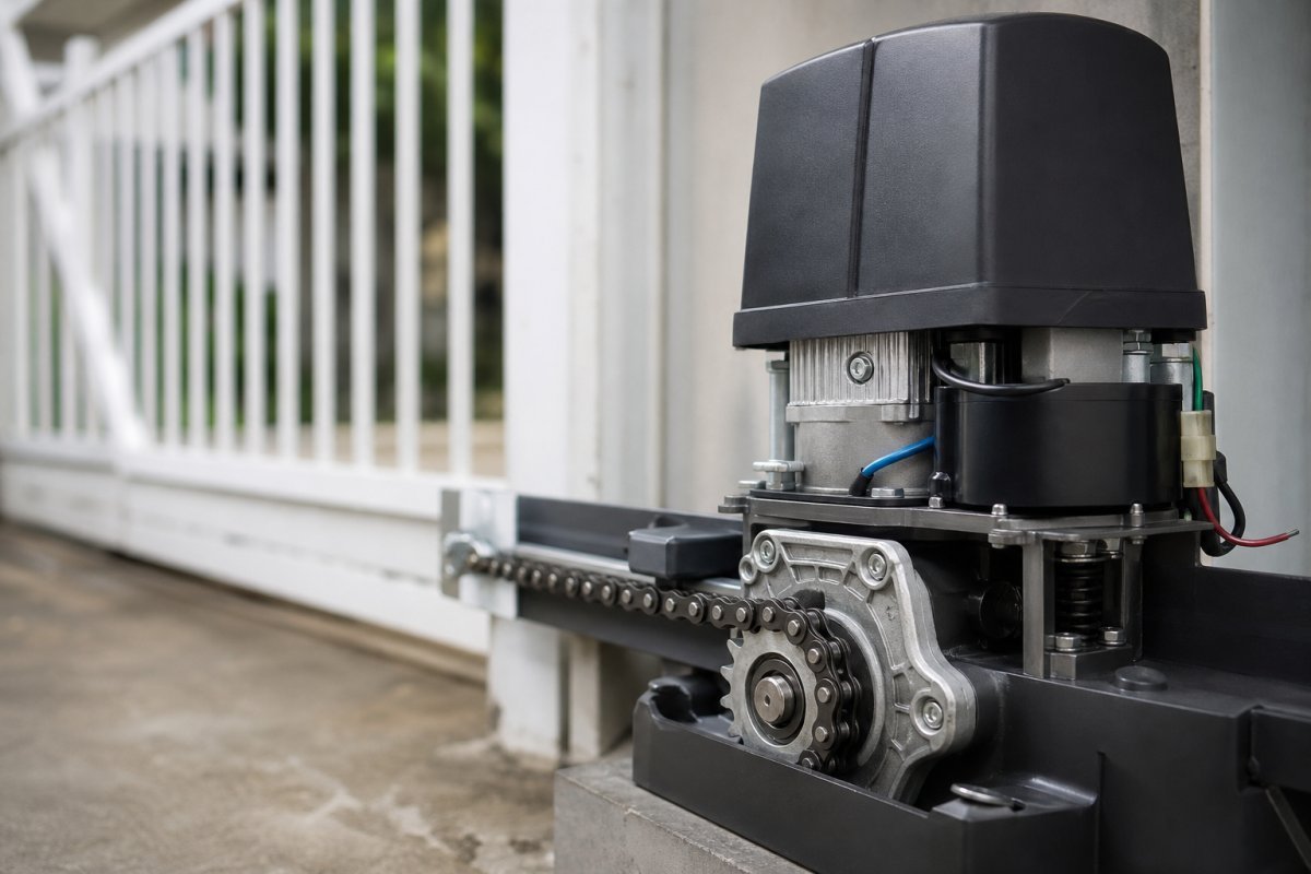 Motor para portão elétrico em close-up com portão desfocado ao fundo - instalação Cuiabá